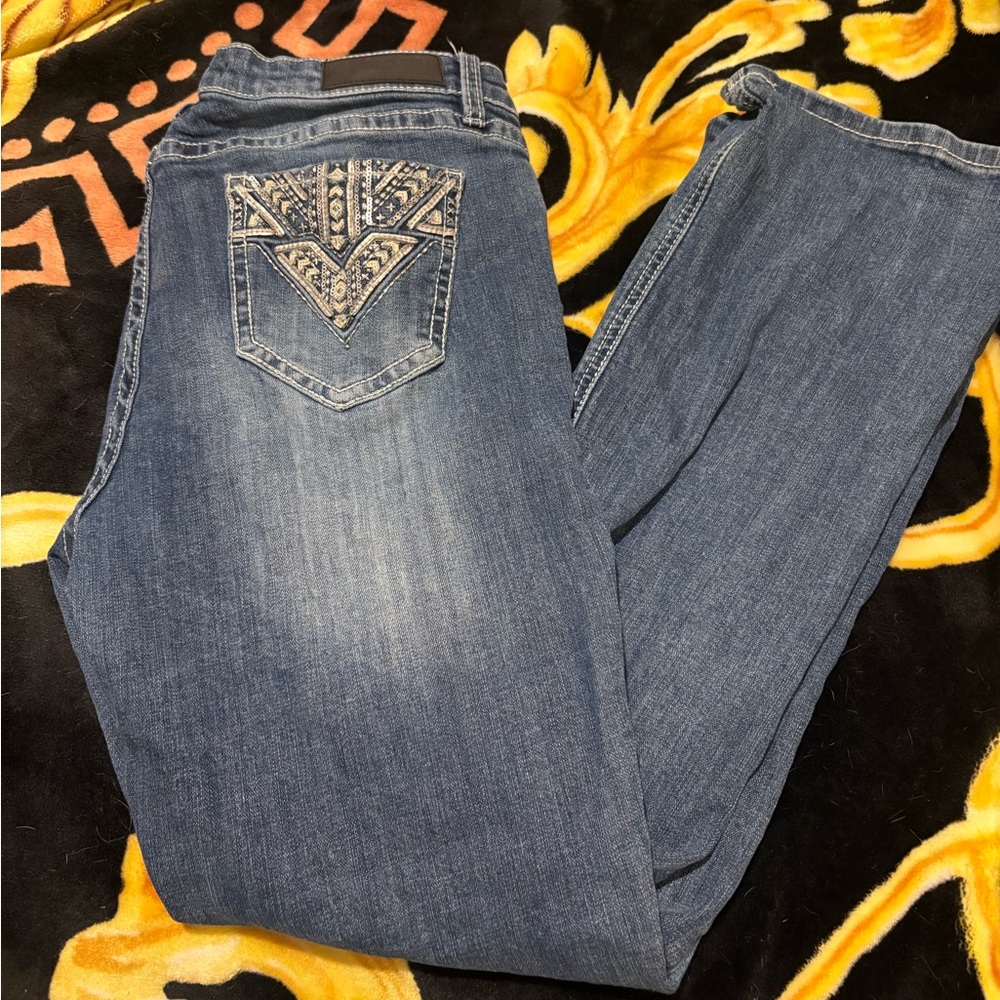 Rock & Roll Cowgirl Blue Boot Cut Jeans with Geometric Stitching